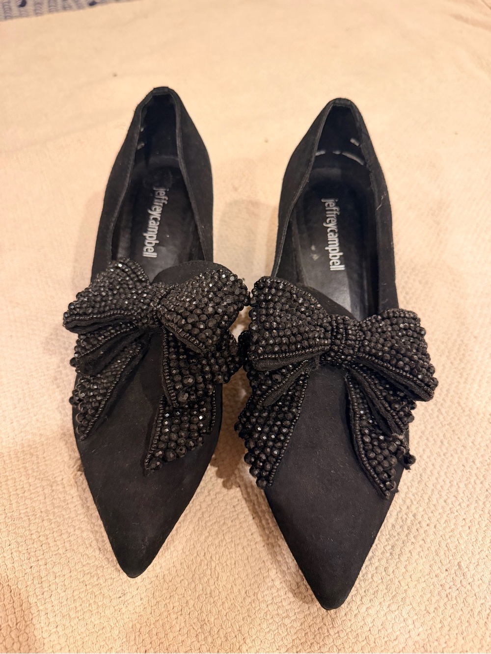 Jeffrey Campbell Black Pointed Flats with Beaded Bow